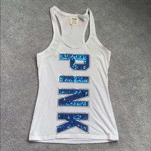 PINK white & blue sequin white tank top